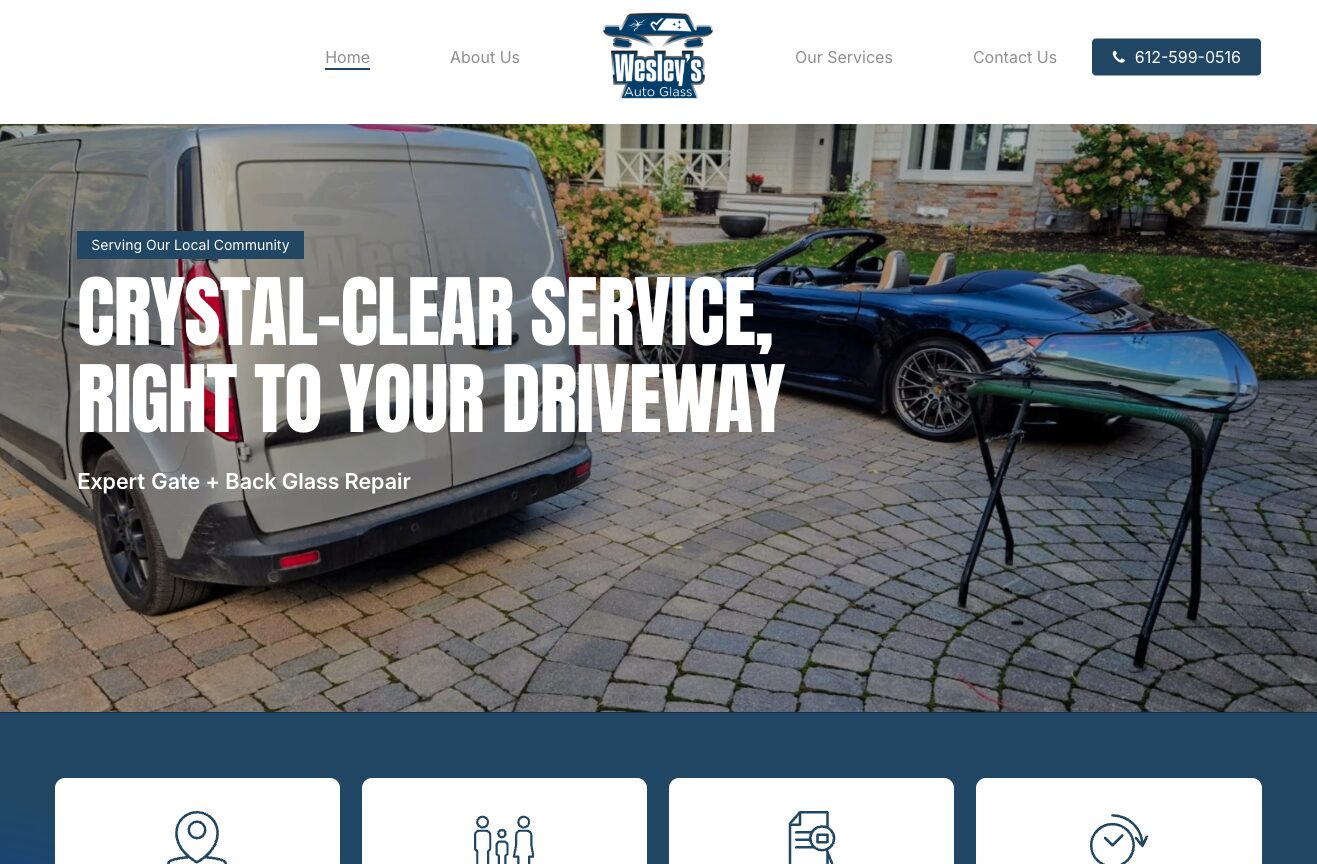 screenshot of Wesley's auto glass homepage website built on WordPress
